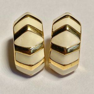 Vintage Monet Cream Enamel Clip On Earrings Gold Tone Plated 60's 70s Estate